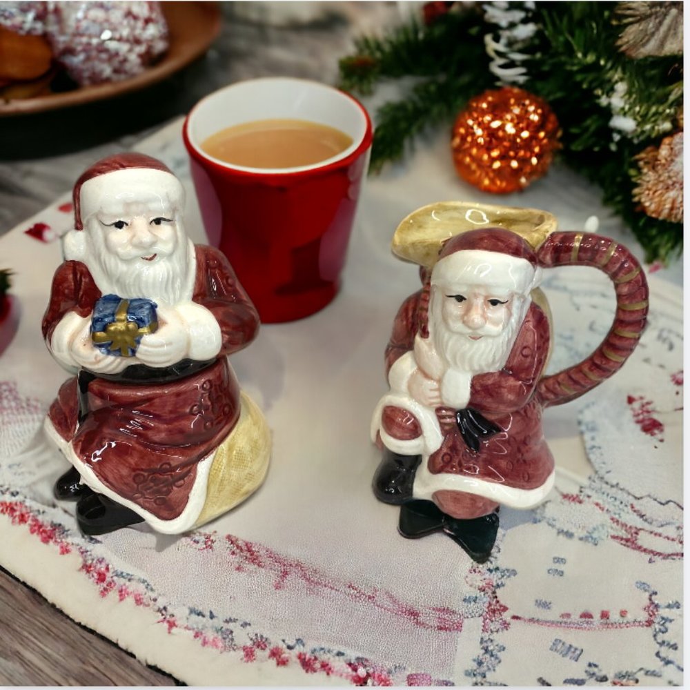 VINTAGE COFFEE SET -- Creamer & Sugar Server, Santas w/Burlap Gift Bag and Gifts